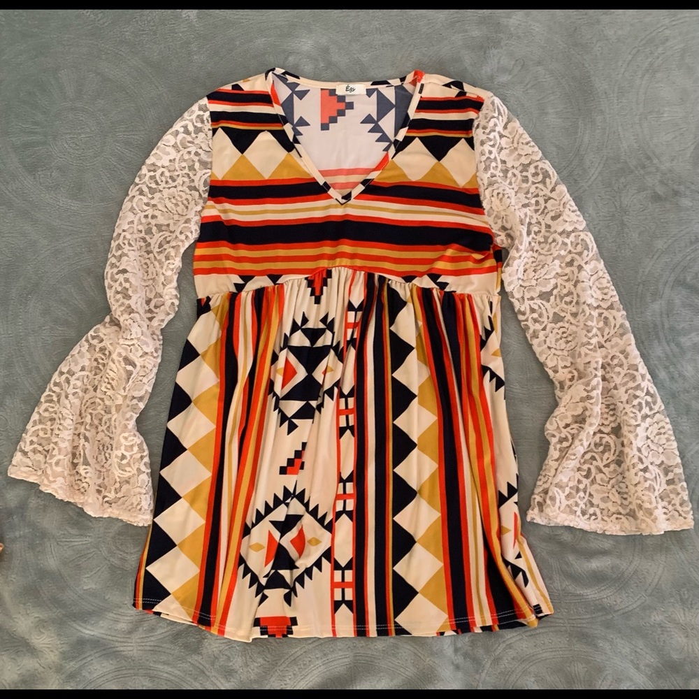 Brand NEW Boutique Top; Tribal Boho Print; Laced LS. Never Worn!!